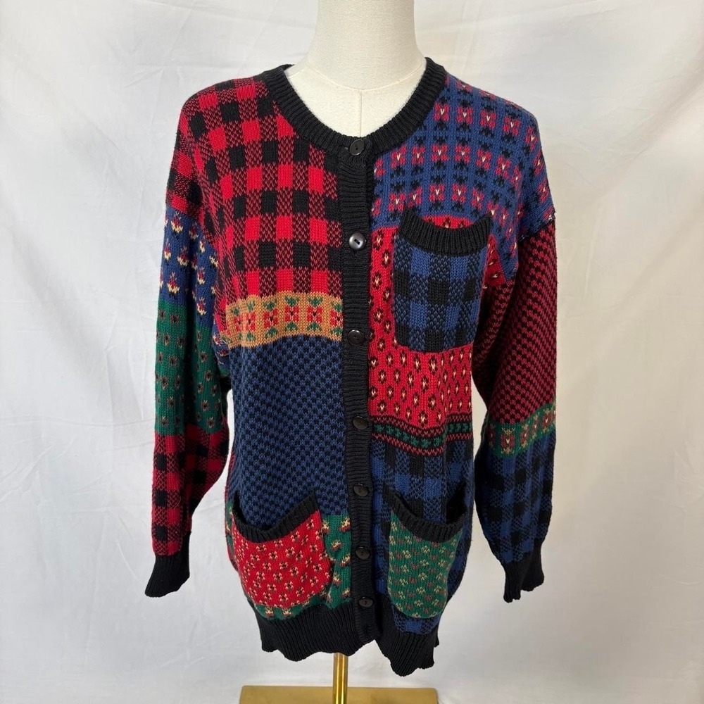 Susan Bristol multicolor patchwork vintage sweater size large 90s grandma retro